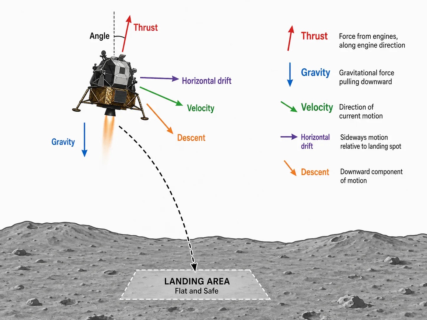 Diagram showing a lunar lander with thrust, gravity, velocity, descent, horizontal drift and landing trajectory
